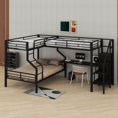 Twin Over Full Bunk Bed , L-Shape Triple Bunk Bed With Wardrobe, Desk & Charging Station, Metal Corner 3 Bunk Beds With Storage Steps