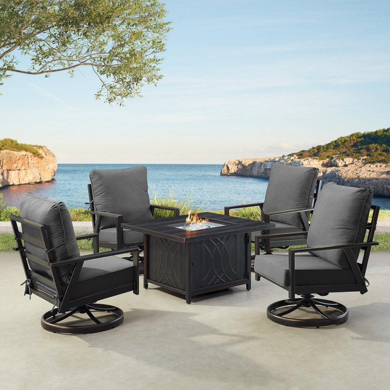 Ensemble de table de foyer en aluminium noir avec quatre fauteuils club, Noir