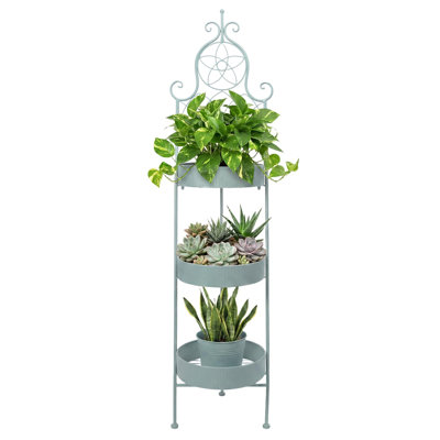 Metal Ladder Plant Stand, Decorative Freestanding Flower Pot Holder Rack for Indoor Outdoor, Rustproof Planter Holder, 3-Tier, (Green)