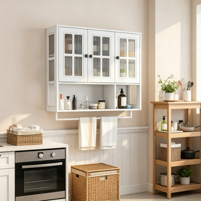 Bathroom Wall Cabinet, 3-Door Wooden Wall Cabinet With Open And Hidden Storage Space, Medicine Cabinet With Glass Door And Towel Bar