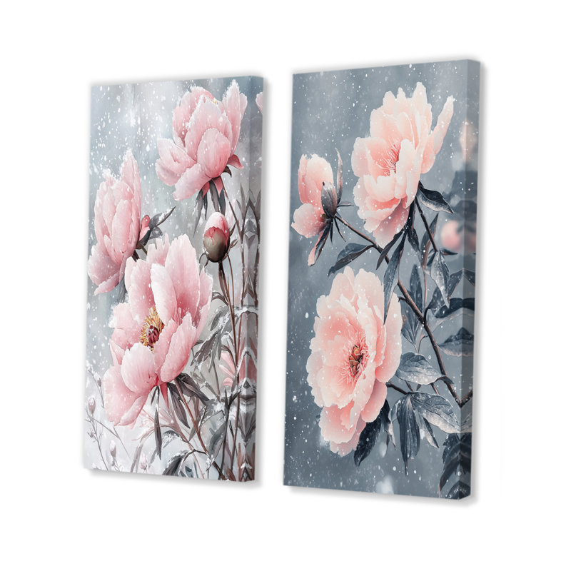 Pivoines au vent d'hiver I - Art mural floral 2 pièces, H 28 po x l 25 po, Toile tendue