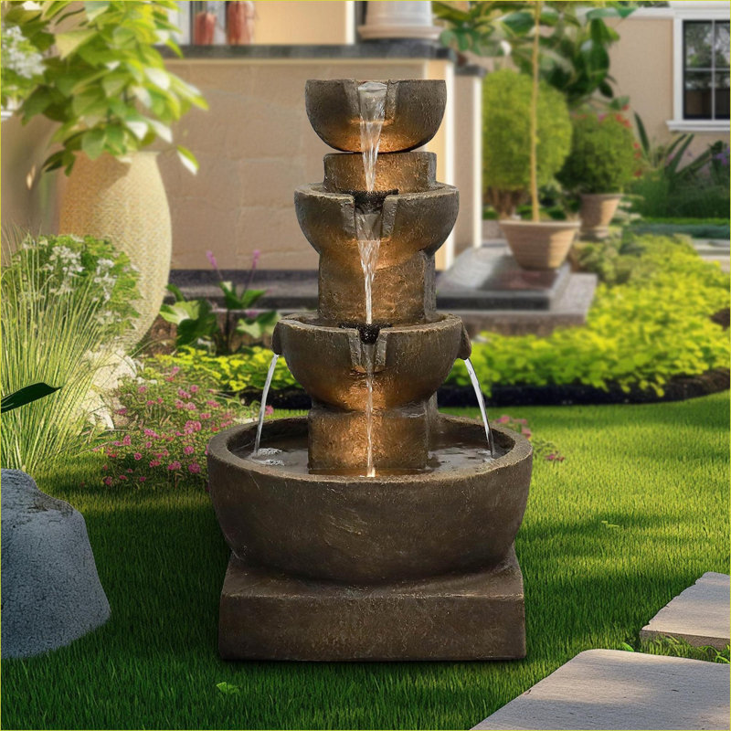 Fontaines | Cascade à 4 niveaux pour patio intérieur, béton durable H 27,7 po | Béton / ciment | Brun noyer