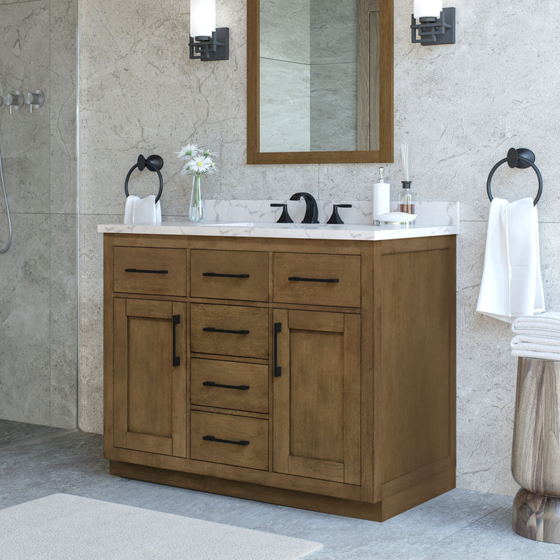 Ensemble de meuble-lavabo autoportant simple en lattes d'amande 42 po Athea avec comptoir en marbre blanc Athea, Brun, Black