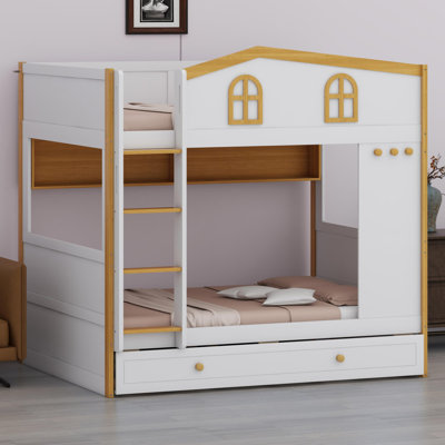 House-Shaped Bunk Bed with Safety Guardrails, Storage Shelves, and Trundle