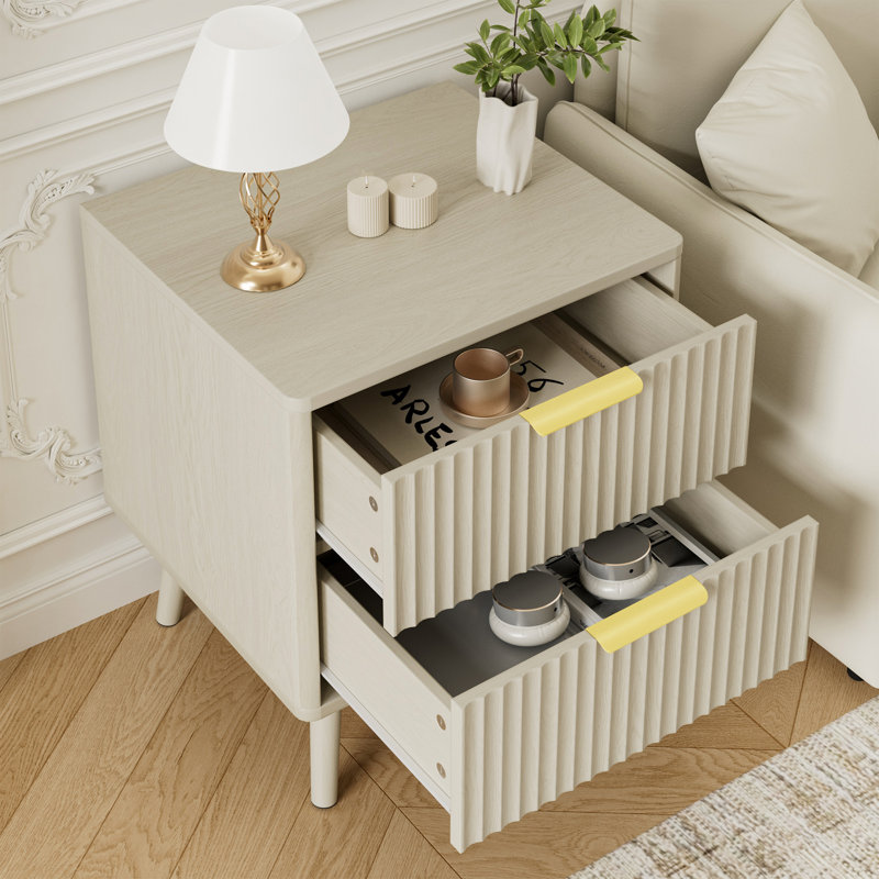 Table de chevet cannelée à profil courbé, table de bout à 2 tiroirs, table de chevet pour chambre à coucher, salon, Crème