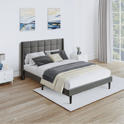 Queen Size Upholstered Platform Bed Frame With Modern Button Tufted Linen Fabric Headboard, No Box Spring Needed, Wood Slat Support, Easy Assembly, Drak Grey