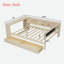Lit plateforme avec tablettes de rangement, tiroirs, station de charge, bureau et tête de lit tapissier-377928759-377928758