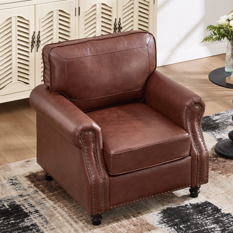 Upholstered Accent Chair Faux Leather Rolled Armchair, Dark Coffee