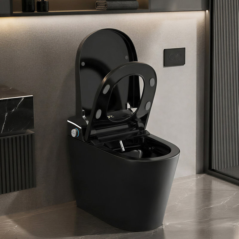 Toilette bidet une pièce noire intelligente, siège à ouverture / fermeture automatique avec eau chaude et séchoir à air, Noir