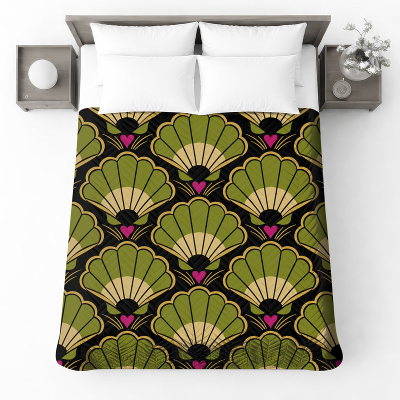Couvre-lit matelassé vert Art Deco, Full / Double