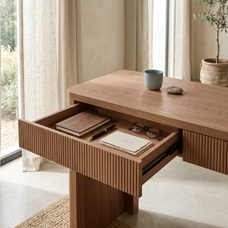 Bureau cannelé rectangulaire en chêne blond de 47,5 po de large Palmera, Blonde Oak