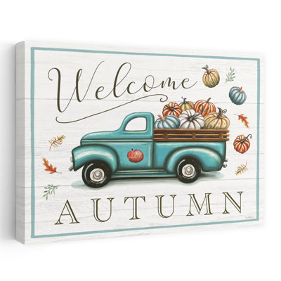 Welcome Autumn Truck - Contemporary Welcome Autumn Vintage Truck Harvest Pumpkins Art