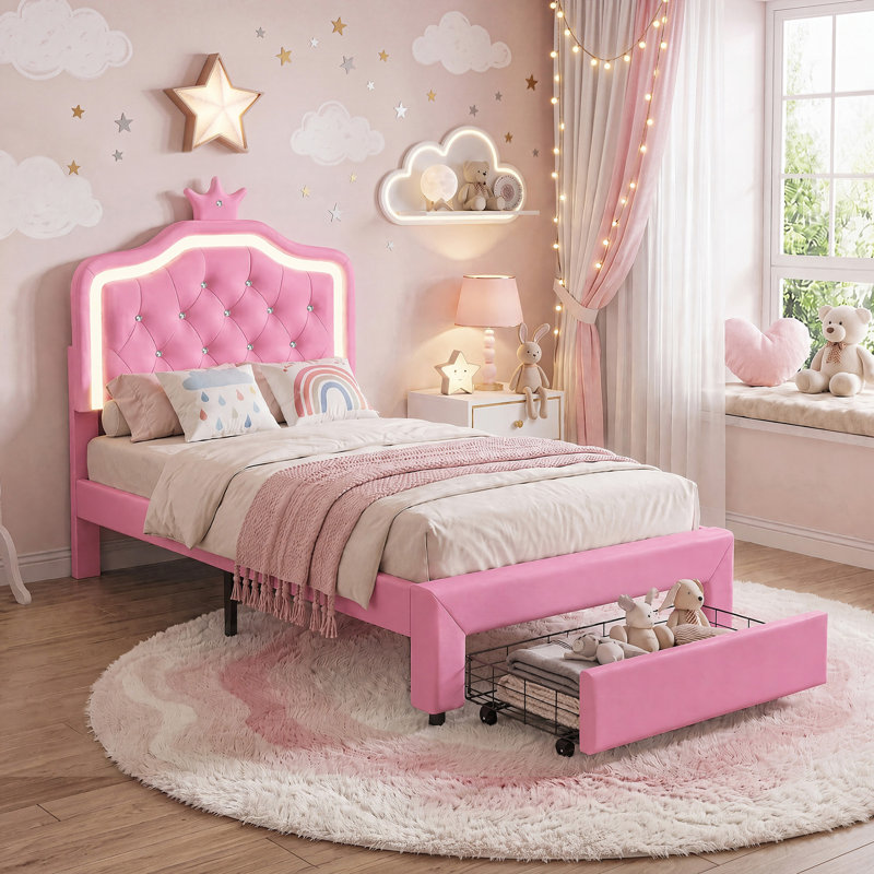 Girls Princess Single Bed Frame with Crown Headboard, LED Lights, Storage Drawer, Pink