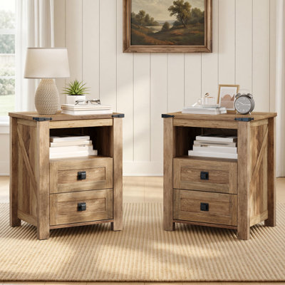 18" Farmhouse Nightstand Set with 2 Drawers & Open Shelf,Barnwood