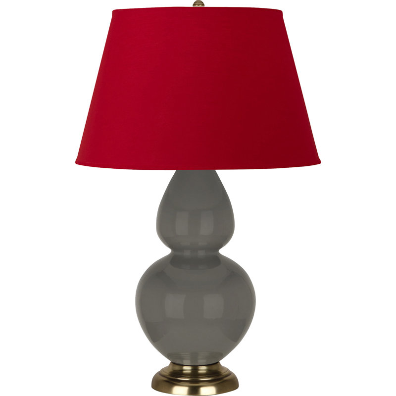 Lampe de table double gourde en céramique, Bois de frêne verni / laiton, Blanc cassé, Laiton