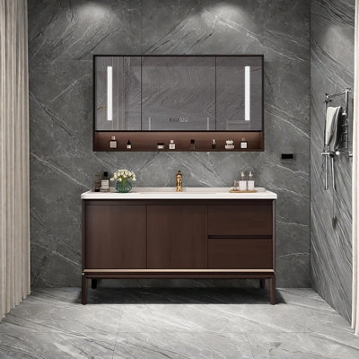 39.76"Solid Wood Oak Freestanding Bathroom Washbasin Vanity With a Mirror Cabinet
