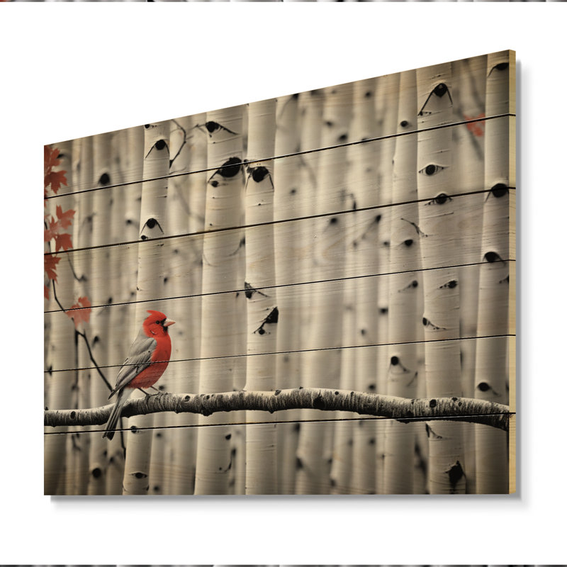 Oiseau monochrome rouge et gris dans la forêt I sur bois, H 24 po x l 32 po x P 0,78 po