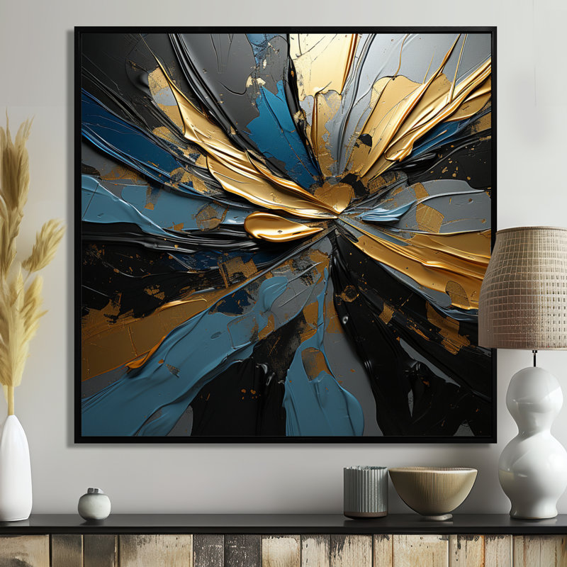 Abstrait abstrait vagues bleues - Décoration murale abstraite, Toile avec cadre flottant noir, H 16 po x l 16 po x P 1 po