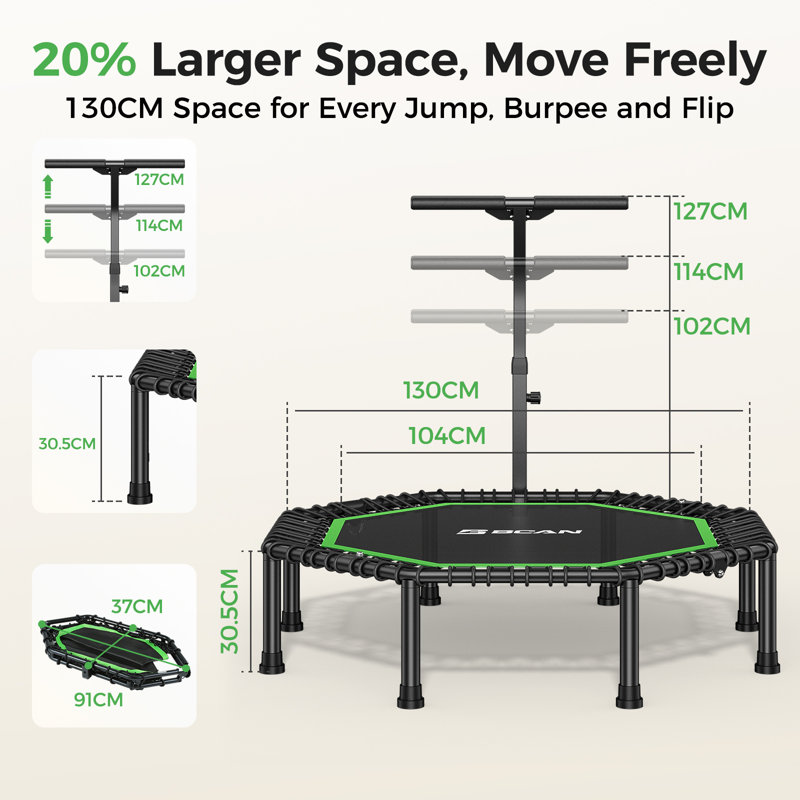 Trampoline octogonal rebondissant F3 Fitness Bcan Series BT3, capacité de 450 lb, grande surface de saut et poignée réglable pour la salle de gym à domicile