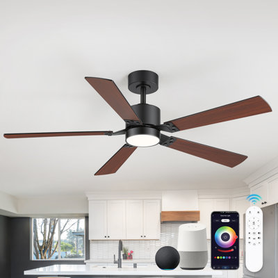  52" 5-Blade Smart Ceiling Fan With LED Light and RGB Ambient Lighting, App & Remote Control, Quiet Reversible DC Motor, 6 Speeds For Living Room Bedroom