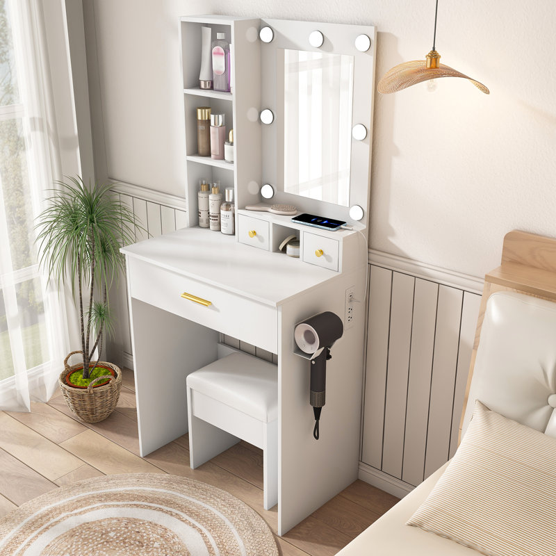 Compact Vanity Table With Mirror, Led Lights, Power Outlet, And Stool, Small Bedroom Dressing Desk White