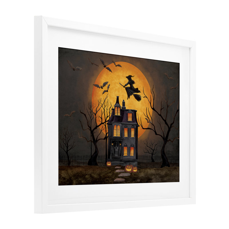 Haunted Night Mansion, reproduction d'art sous verre encadrée par Nicole Tamarin, H 17 po x l 21 po, Cadre blanc côtier