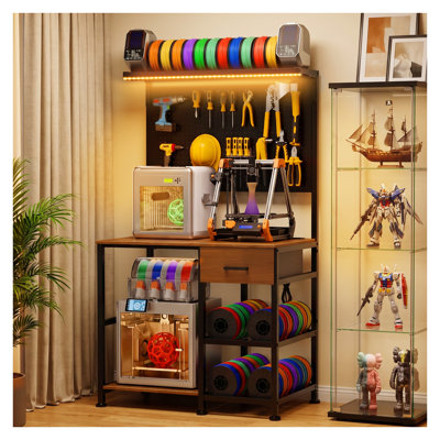 Support pour imprimante 3D avec rangement pour filaments, établi avec tiroir et lumières à DEL, grande tablette en métal et panneau de fibres à densité moyenne avec panneau perforé et crochets pour Home Studio ou garage