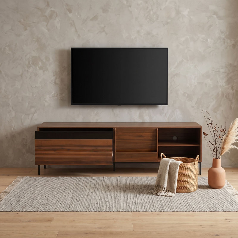 Meuble télé avec portes coulissantes, tablettes réglables et rangement de tiroir, Brun