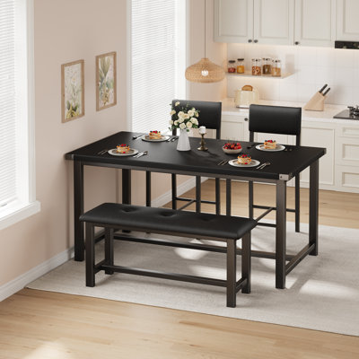 Farmhouse Wooden 4-Piece Dining Table Set, Space-Saving Rectangular Table with Upholstered Bench & 2 Chairs for Small Apartment, Easy Assembly