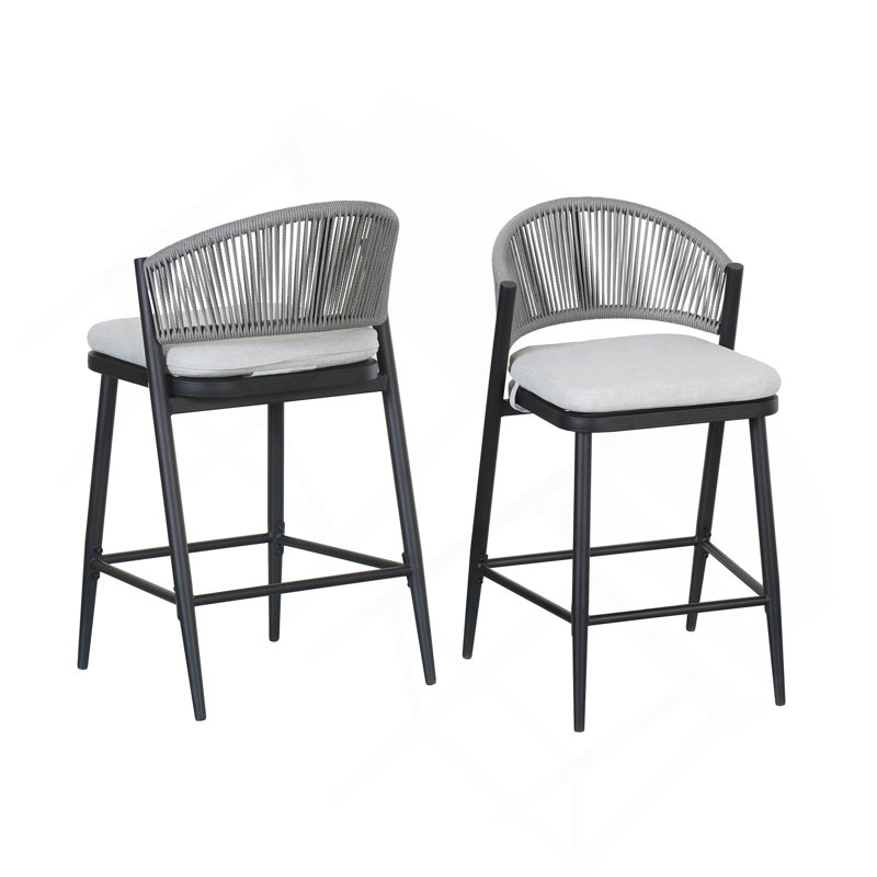 Tabouret de patio Eisen, Coussin gris clair / structure en fer noir mat, Tabouret de comptoir (siège d'une hauteur de 26 p, 2