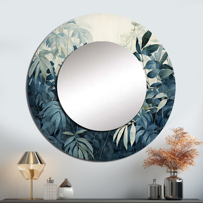 Shalima blanc et bleu Jungle Expression II - miroir jungle, miroir mural rond décoratif tropical, impression d'art en métal