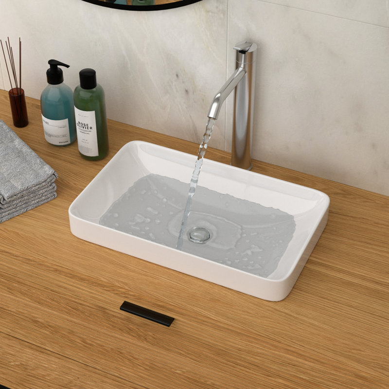 Lavabo de salle de bain 12 po x 19 po en céramique blanche avec vasque moderne, surface teintée, aspect poli, idéal pour les maisons, finition, bureaux appropriés