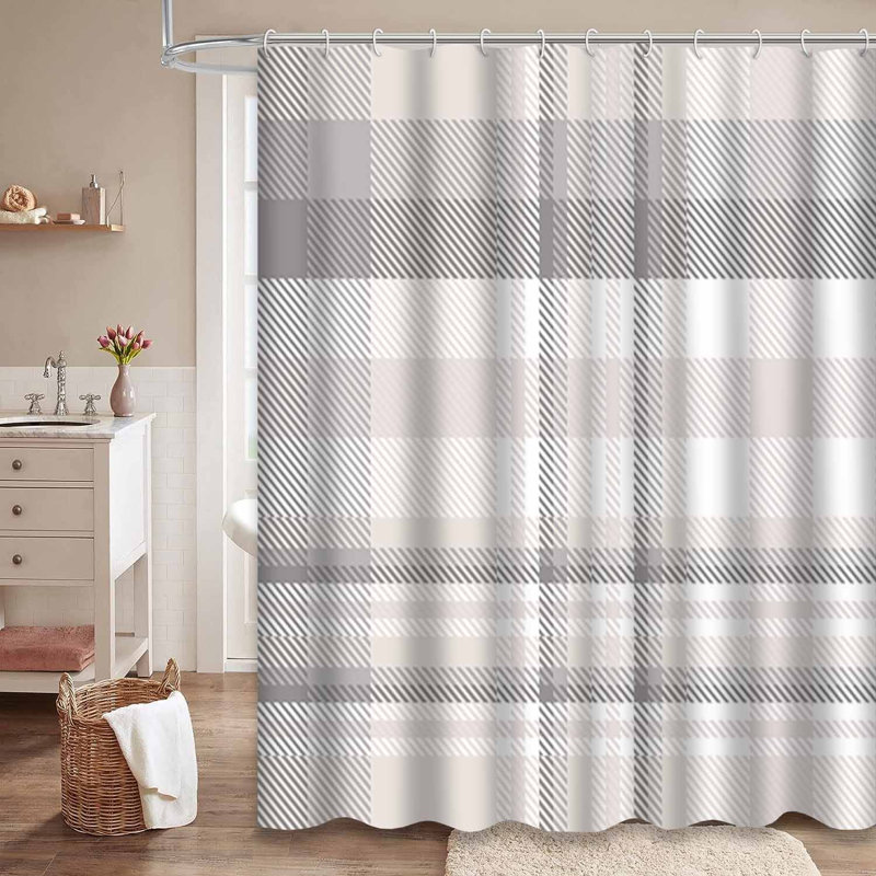 Rideau de douche à carreaux gris, taupe, beige et blanc avec 12 crochets, L 72 po x l 78 po