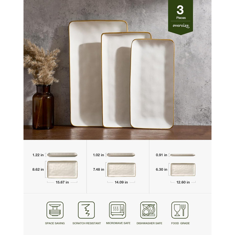 Plateaux de service en grès réactif blanc mat mat (3 tailles: 15,67 po / 14,1 po / 12,6 po), plats rectangulaires allant au lave-vaisselle pour la réception