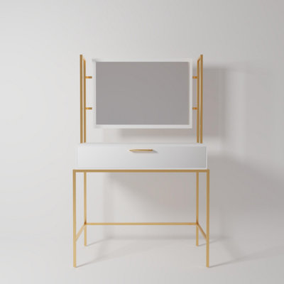 Table de maquillage élégante avec pieds en métal thermolaqué électrostatique, blanc et or | 47,2 po x 63,0 po x 15,7 po | Panneau de particules 100% enduit de mélamine, conception durable et élégante pour les espaces de coiffeuse modernes, assemblage facile