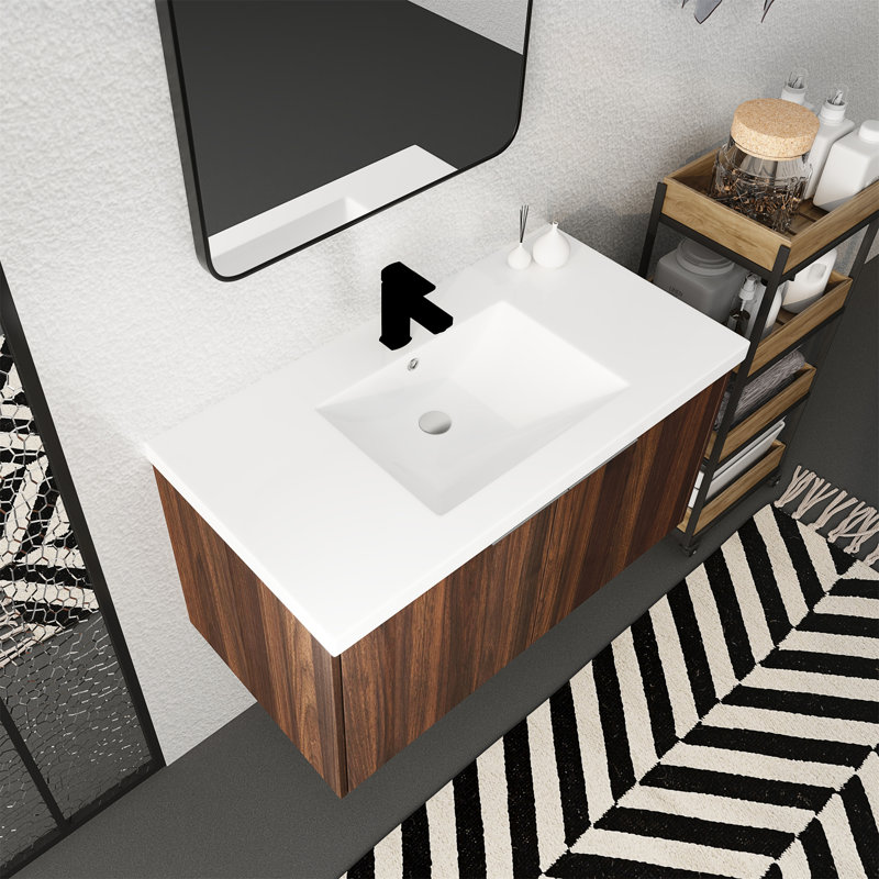 Meuble-lavabo mural simple avec plateau en résine et armoire de salle de bain 35,4 po Rajkumar, Chêne imitation foncé