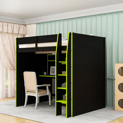 Full Wooden Loft Bed With LED Light Strip, Shelves, Desk And Wardrobe