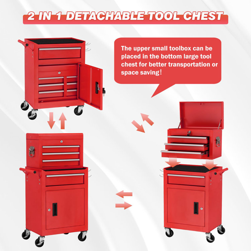  Tool Chest, Rolling Tool Chest With Wheels, Tool Chests & Cabinets With 4 Drawers, Detachable Metal Tool Cabinet With Liners And Locking System, Tool Organizer Box For Garage Workshop