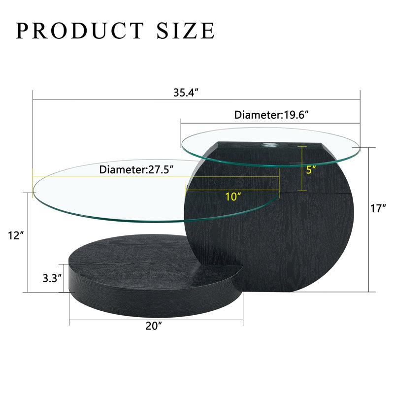 Table basse à plateau en verre, Noir, H 17 po x L 27,5 po x l 35,4 po