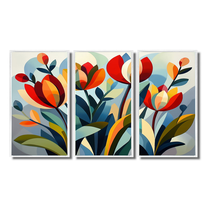 «Green Mid Century Mod Nature Tulip V», ensemble d'art mural abstrait Mid-Century, Toile encadrée flottée blanche