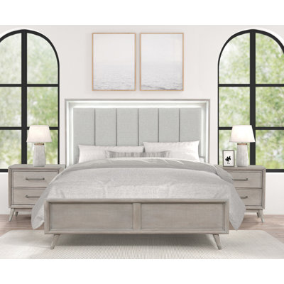Ensemble de chambre à coucher 3 pièces avec éclairage à DEL Roundhill Haak, finition chêne gris, très grand