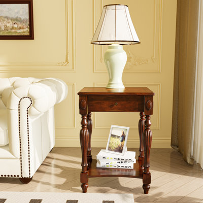 Deloit Solid Wood Veneer Side End Table with Drawer and Storage Shelf