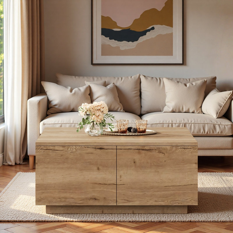Table basse moderne carrée avec 4 tiroirs, Natural