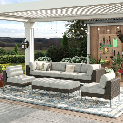 8-Piece Wicker Rattan Patio Furniture Set, Deep Seating Outdoor Modular Sectional Sofa Conversation Set with Thick Cushions for Lawn, Garden