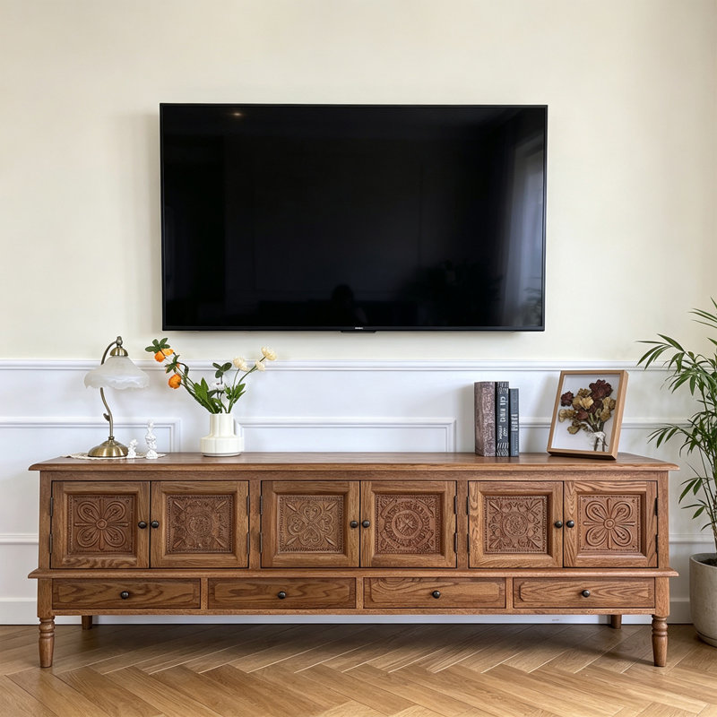 Retro Carved Rectangular Solid Wood TV Stand, Nut-Brown