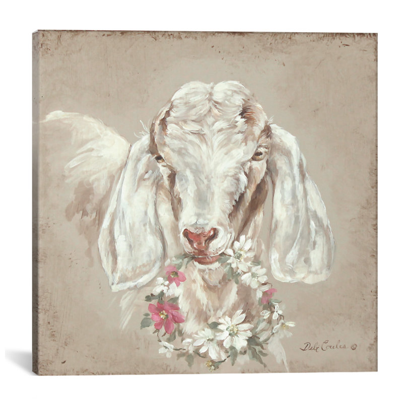 «Goat with Wreath», peinture sur toile, H 12 po x l 12 po x P 0,75 po, Pas de tapis, Toile tendue