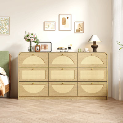 Natural Finish 9‑Drawer Dresser with Rattan Front, Wide Particle Board Chest of Drawers, Modern Storage Cabinet for Bedroom Living Room Entryway, Sturdy Frame & Large Capacity