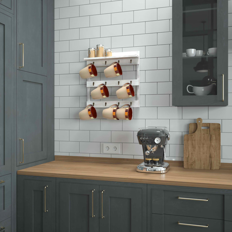 Wall Mount Coffee Mug Rack with Upper Storage Shelf, White Wash