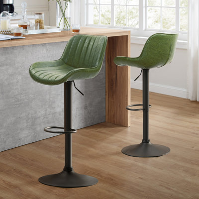Ajustable Bar Stools With Black Round Base, Green