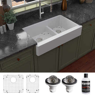 Karran Quartz 34'' X 21-1/4'' Double Bowl 60/40 Retrofit Farmhouse/Apron Front Kitchen Sink Kit